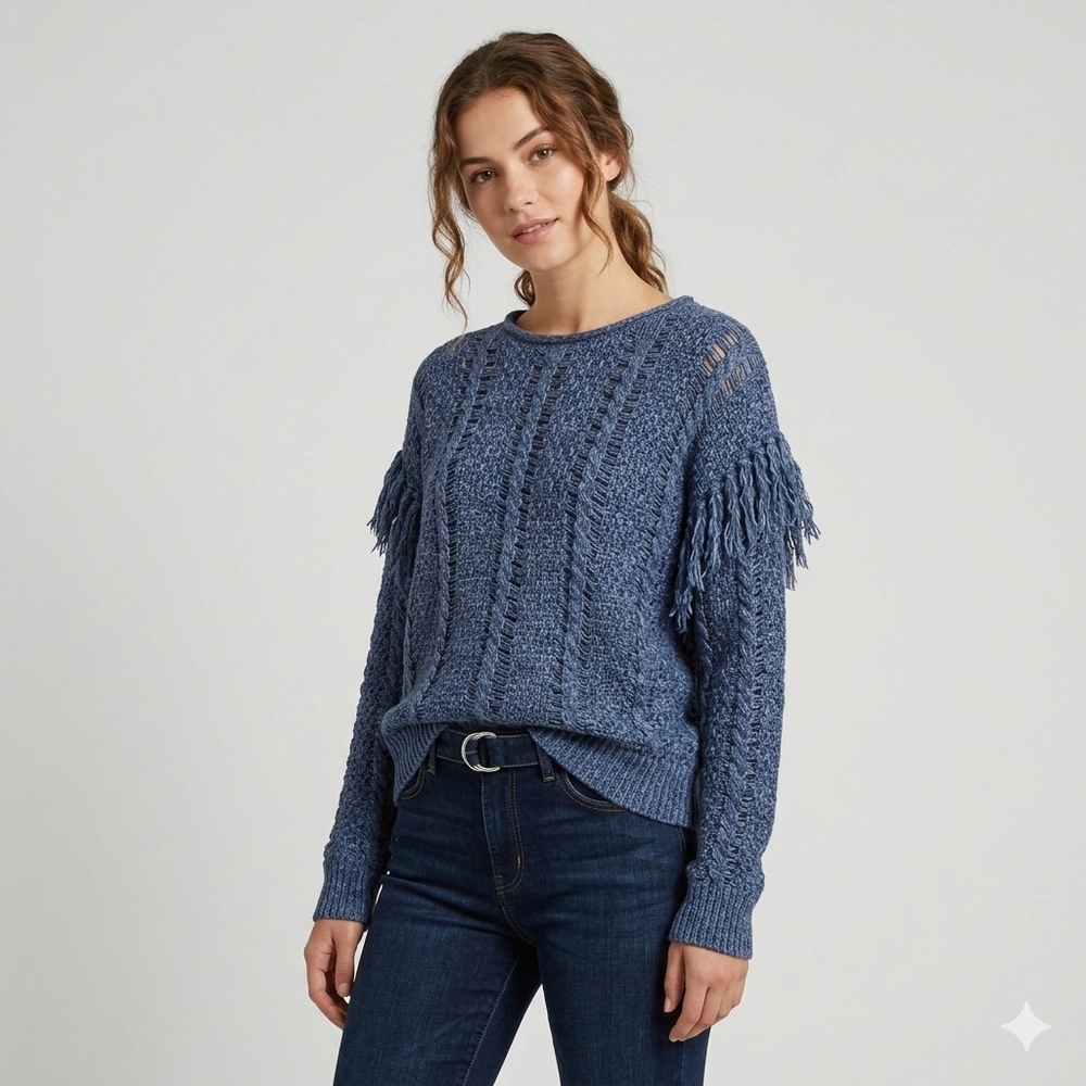 Denim & Supply Ralph Lauren Blue Textured Sweater Withe Sleeve Tassels Med